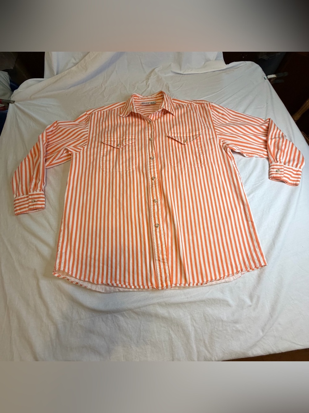 Women’s Orange & White Striped Casual Button-Down Shirt Size Large 100% Cotton